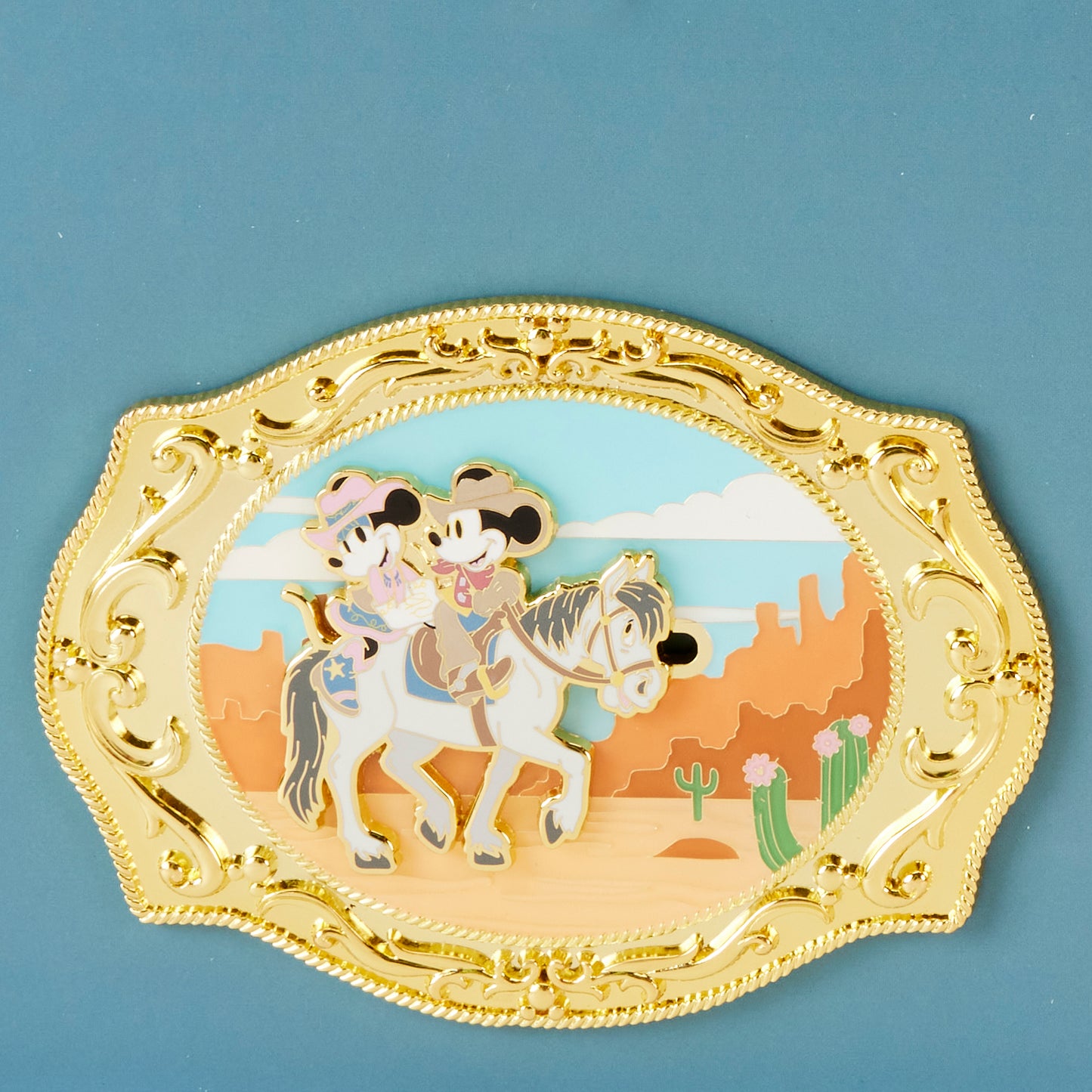 Western Mickey & Minnie Belt Buckle 3" Collector Box Pin