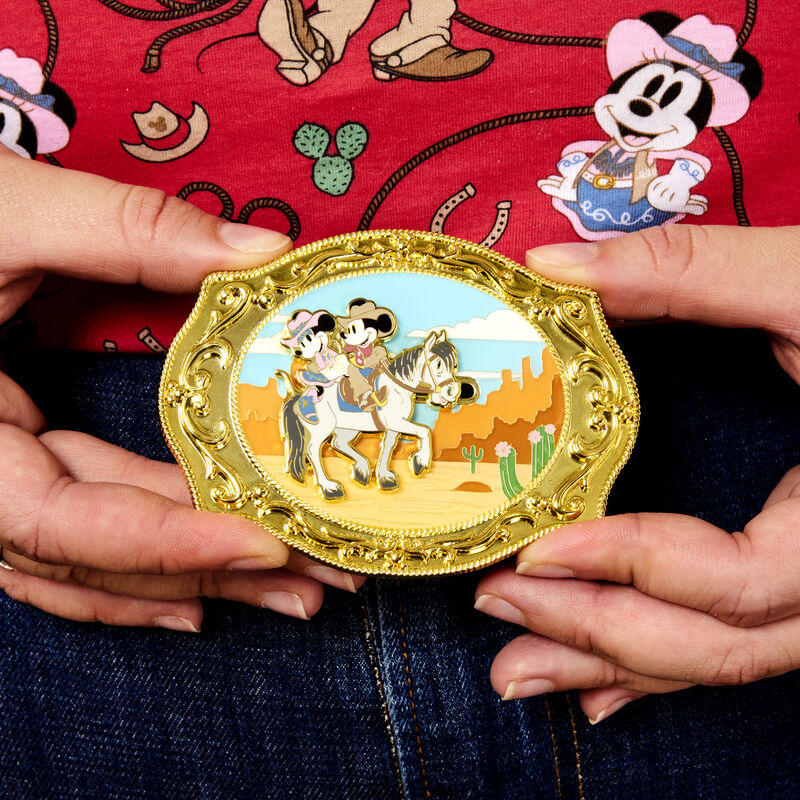 Western Mickey & Minnie Belt Buckle 3" Collector Box Pin